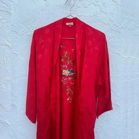 Golden Bee Womens Vintage Embroidered Floral Long Sleeve Robe Red Sz Large - Picture 5 of 11